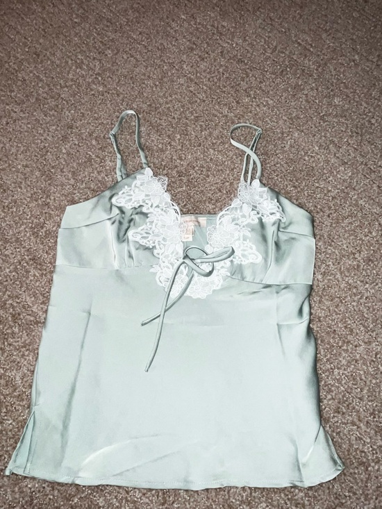Monteau Tops - Monteau Sage Green Satin Slip with White Lace Trim